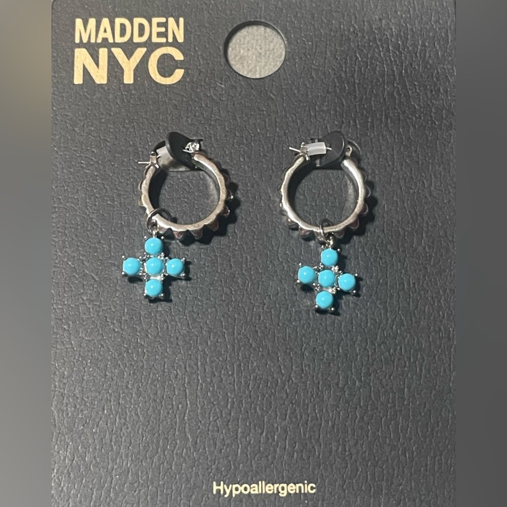 Madden NYC Turquoise Cross Charm Hoop Earrings Silver Tone Western Boho NWT - Picture 7 of 9
